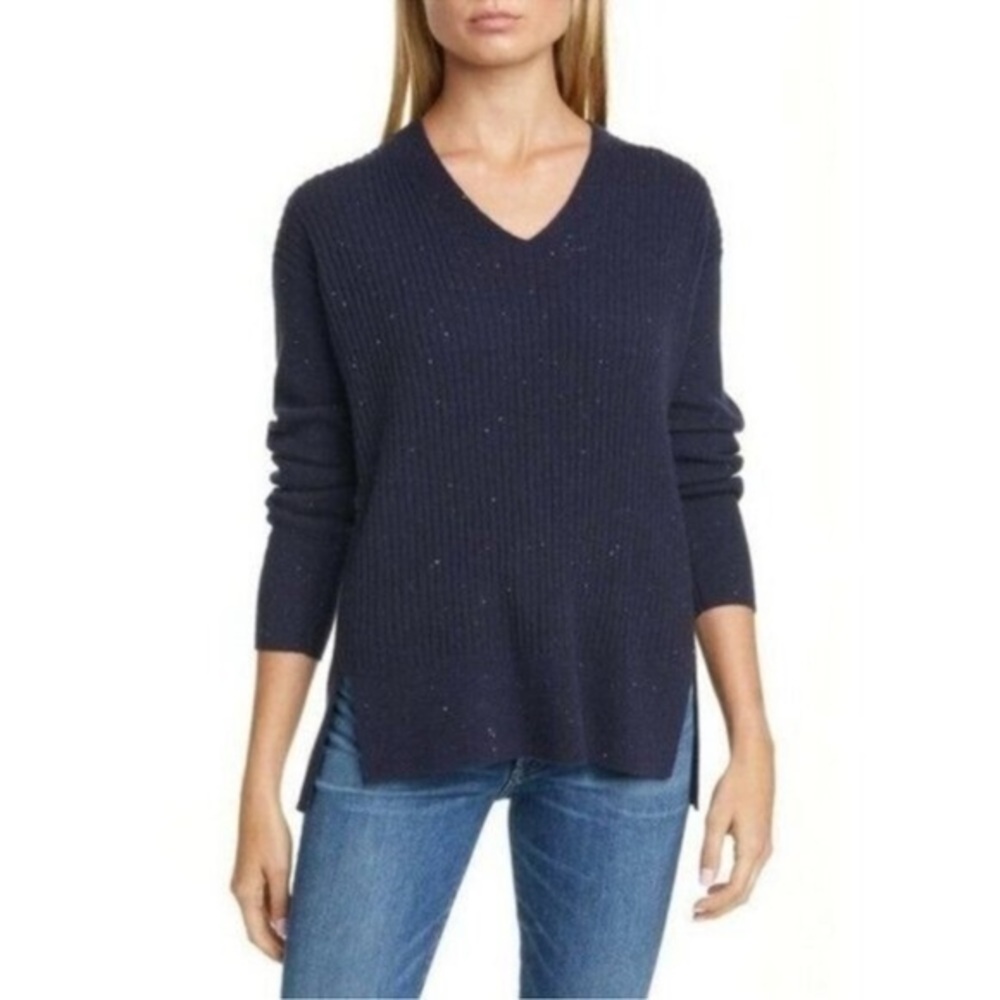 NORDSTROM Signature V Neck Navy Tweed Cashmere Sweater‎ Size Small NWT